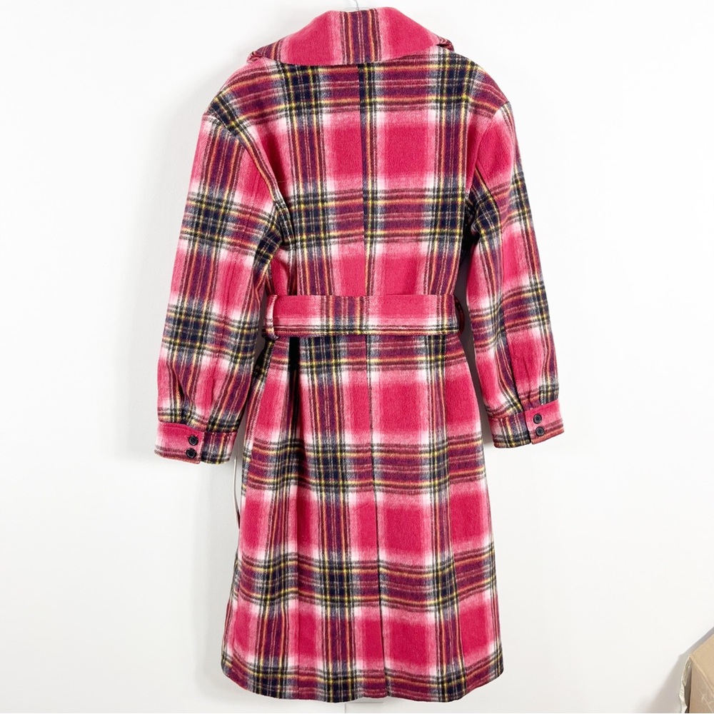 Aqua Plaid Belted Trench Coat Size Medium NWT Pink Multi - Picture 5 of 7